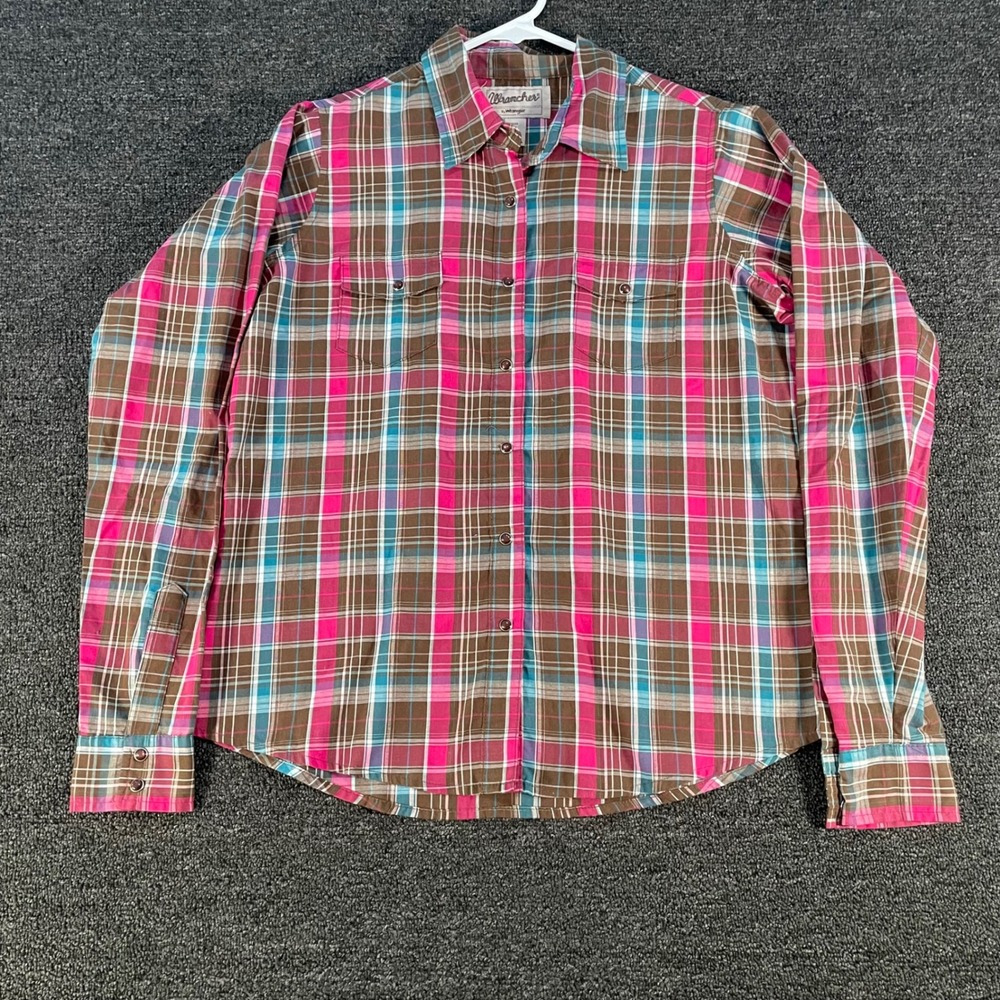 Wrangler Wrancher Plaid Shirt Womens Medium Brown Pink Good Western Long Sleeve